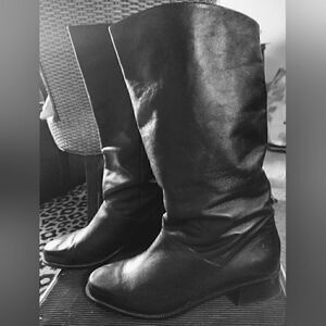CHRISTMAS BOOTS VINTAGE MARKON SHELLY BLACK LEATHEBR Block Heel Tall PULL ON 9.5